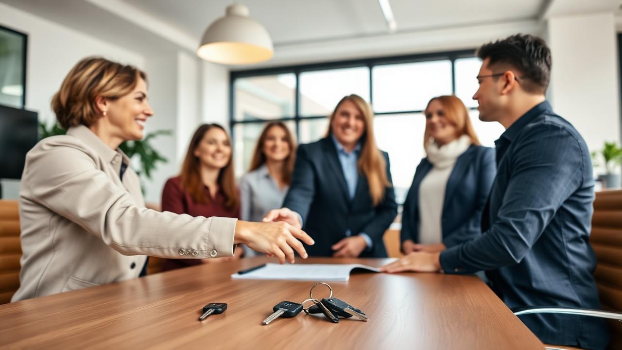Consulente assicurativo stringe la mano a una famiglia in un ufficio moderno e luminoso