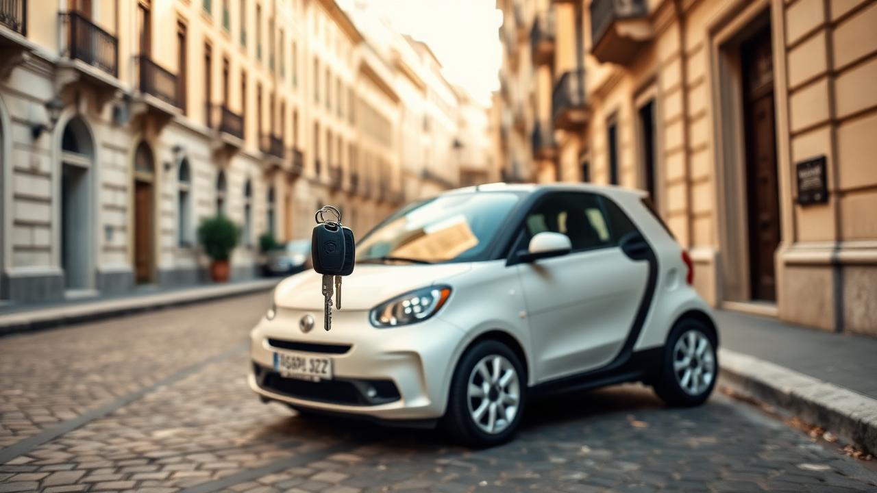 Chiavi di un'auto a noleggio davanti a una city car bianca parcheggiata in una via italiana