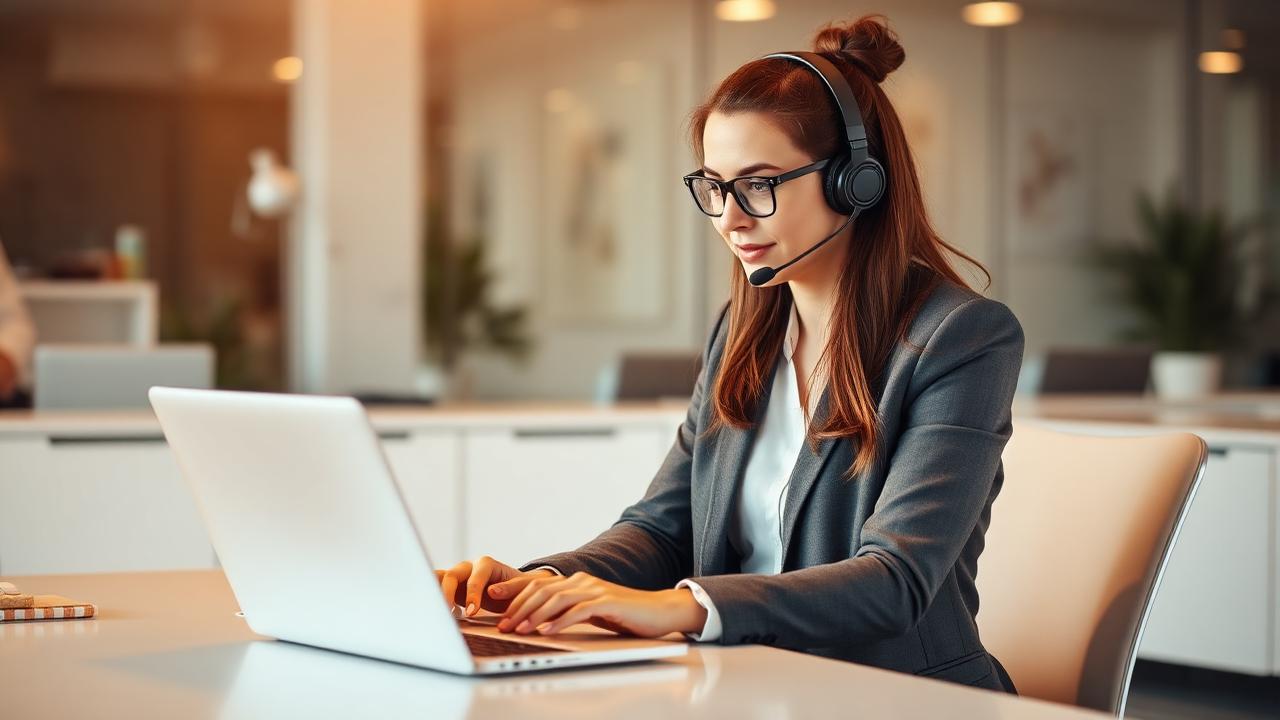 Professionista con cuffie e laptop in un ufficio moderno dedicato ai servizi di comunicazione
