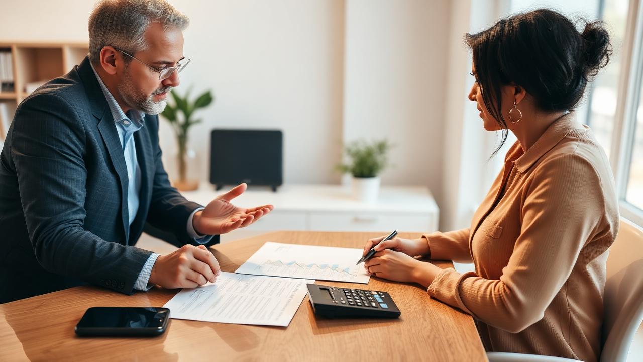 Consulente finanziario illustra un piano di finanziamento a una cliente in ufficio