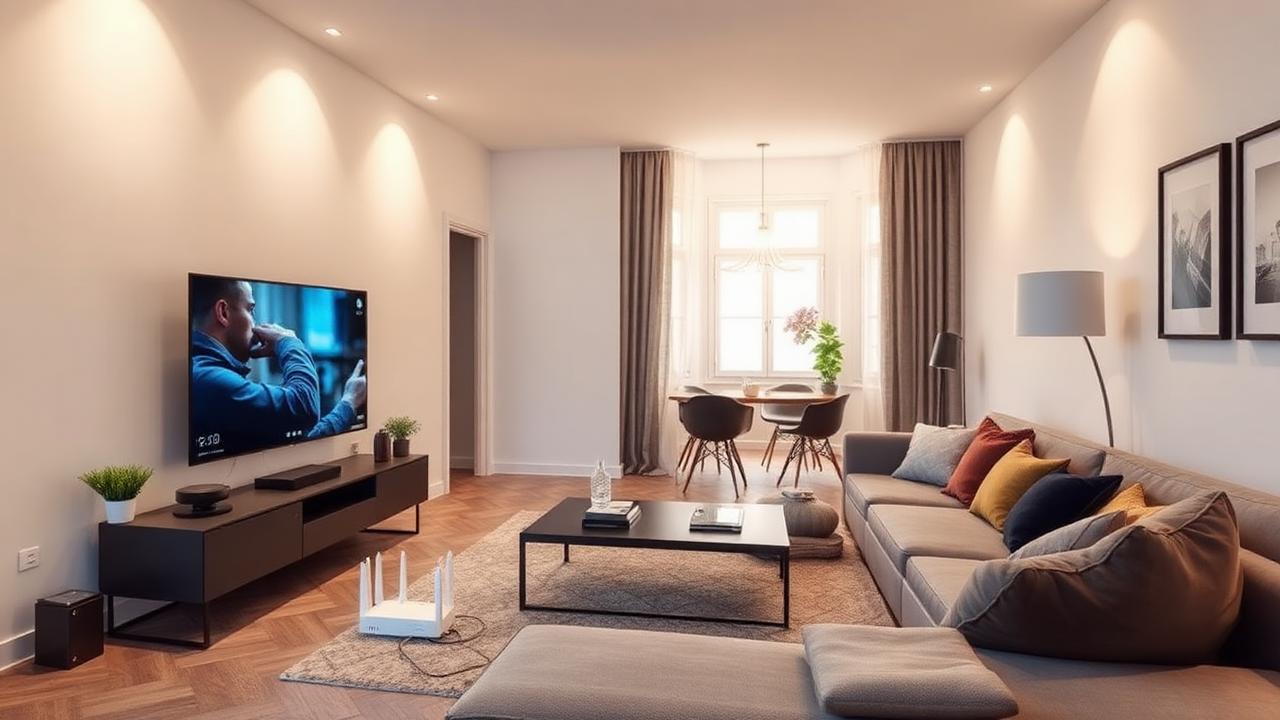 Salotto moderno con router fibra, smart TV accesa e smartphone